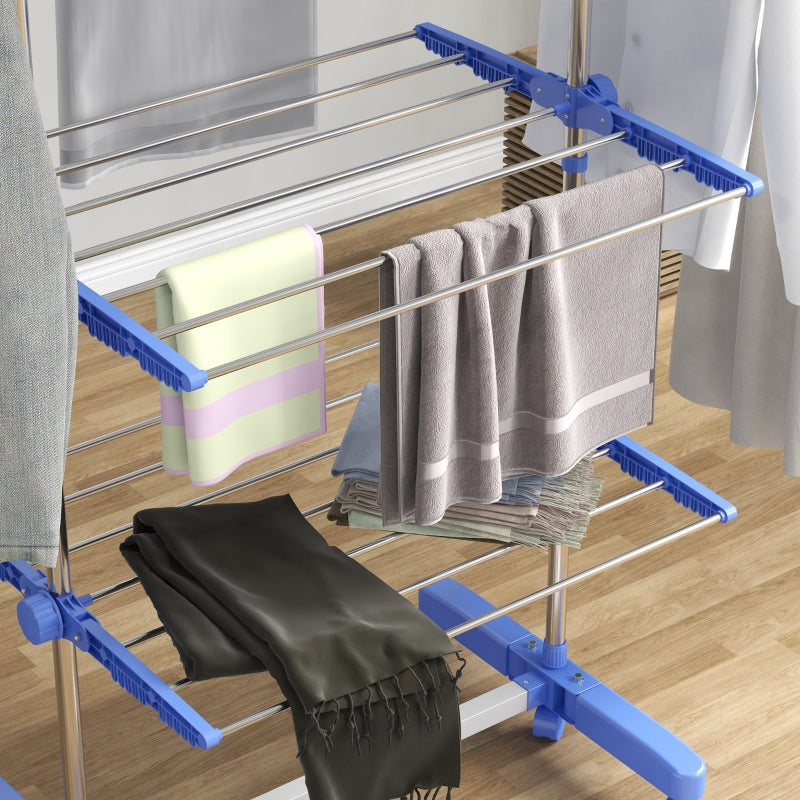 Blue 4-Shelf Folding Clothes Drying Rack with Side Arms and Wheels