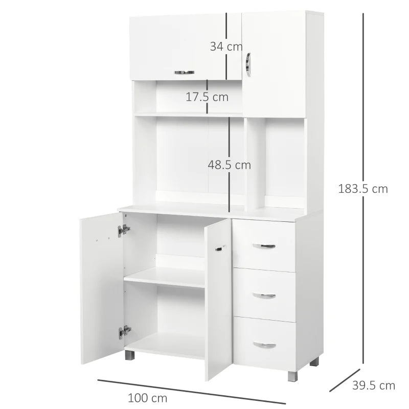 White Kitchen Storage Cabinet with Drawers and Shelves