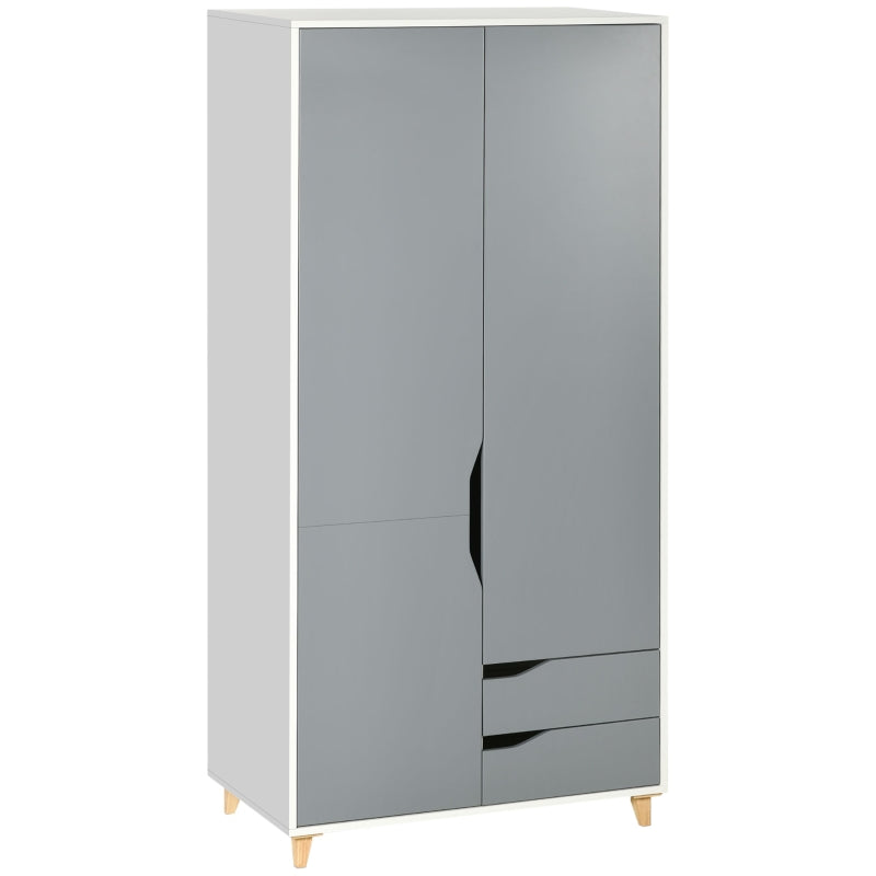 Grey Wardrobe with 2 Doors, 2 Drawers, Hanging Rail, Shelves - Bedroom Clothes Storage 89x50x185cm