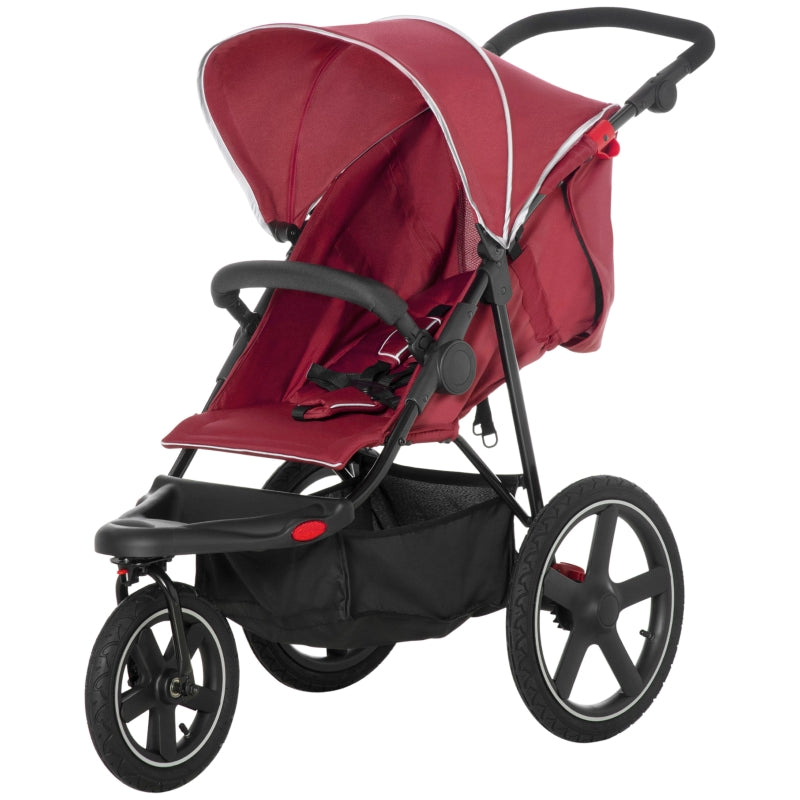 Red Foldable 3-Wheel Baby Stroller with Canopy and Storage Basket