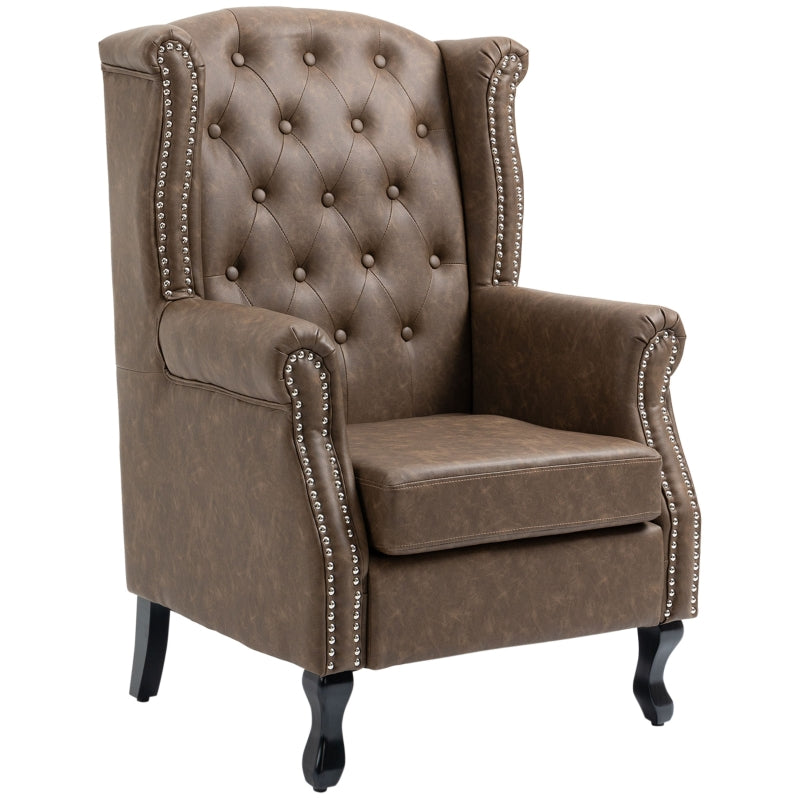 Brown Wingback Tufted Armchair with Nail Head Trim