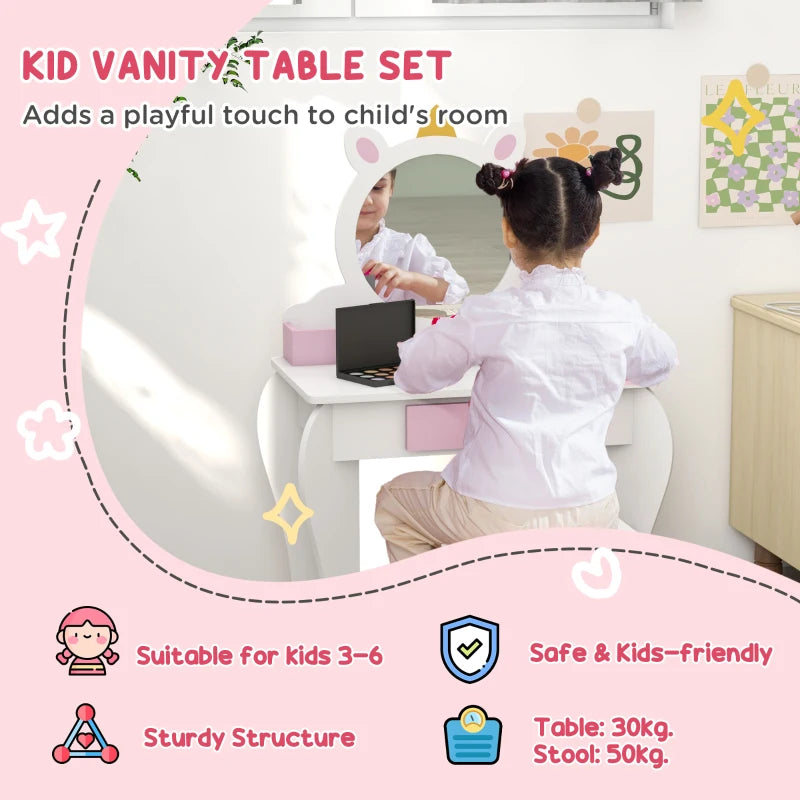 White Unicorn Kids Dressing Table Set with Mirror and Stool