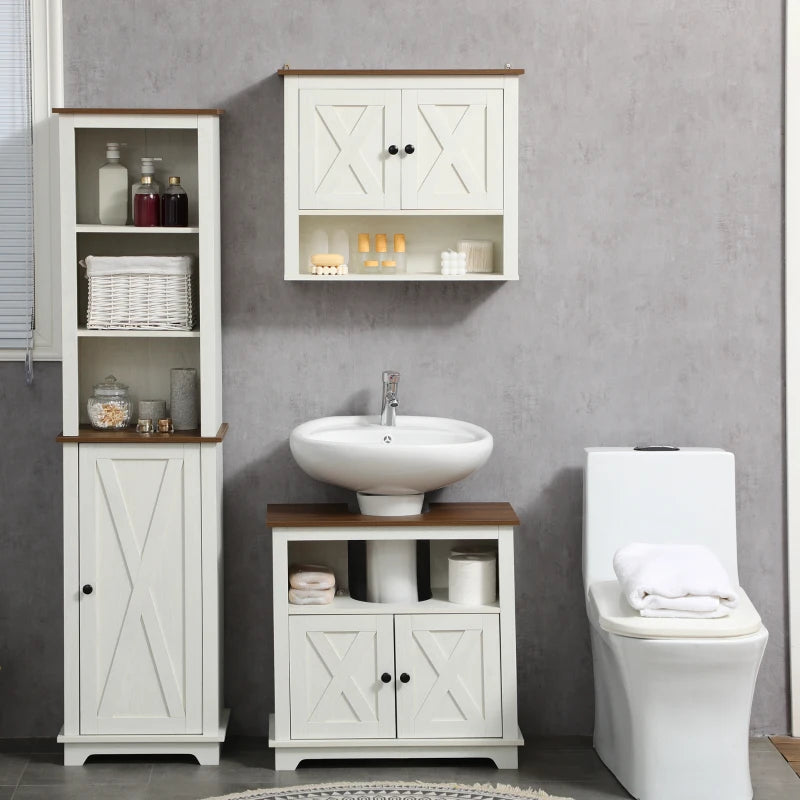 White Bathroom Vanity Cabinet with Double Doors and Shelves, 60x30x60cm