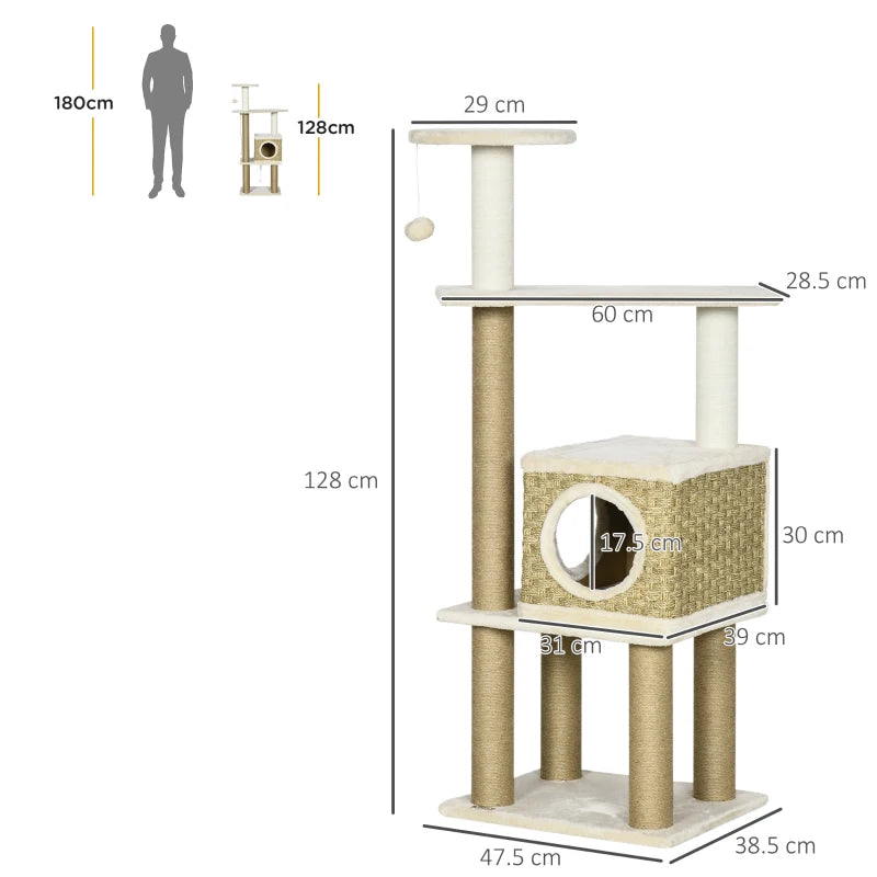 Beige Cat Tree with Scratching Post, House & Toy Ball