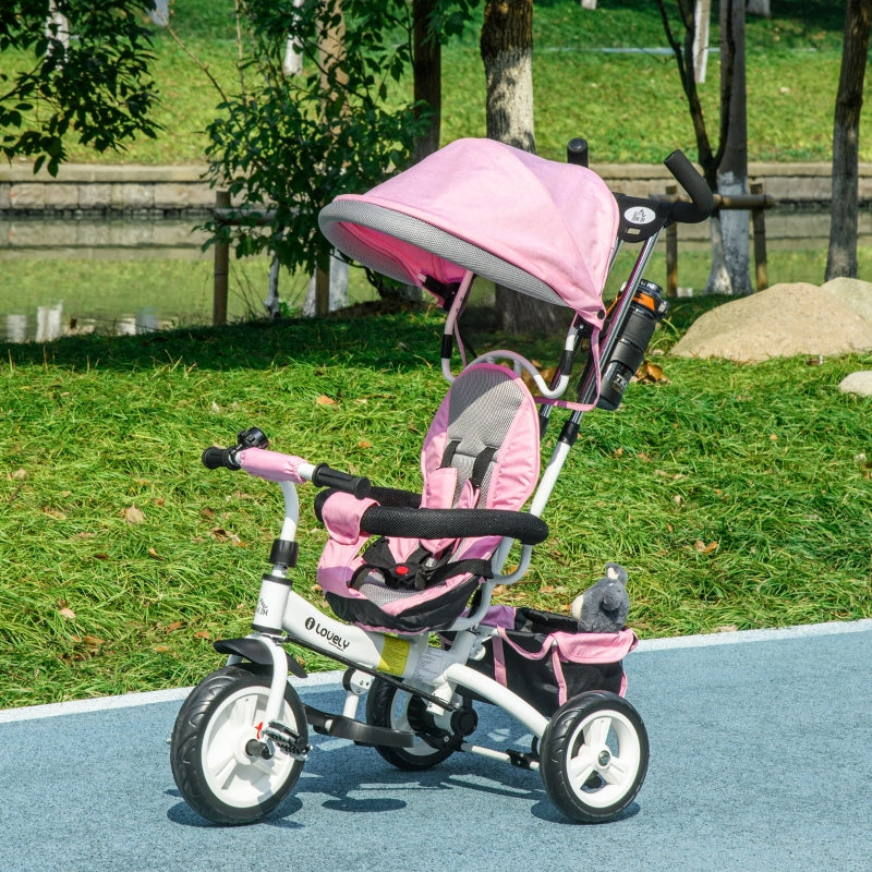 Pink 6-in-1 Kids Trike with Push Handle, Canopy, Safety Belt, Storage, Footrest, Brake