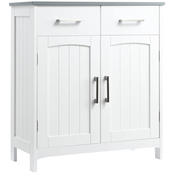 White Bathroom Storage Cabinet with Drawers and Double Doors