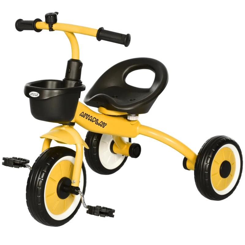 Yellow Kids Trike with Adjustable Seat, Basket & Bell - Ages 2-5