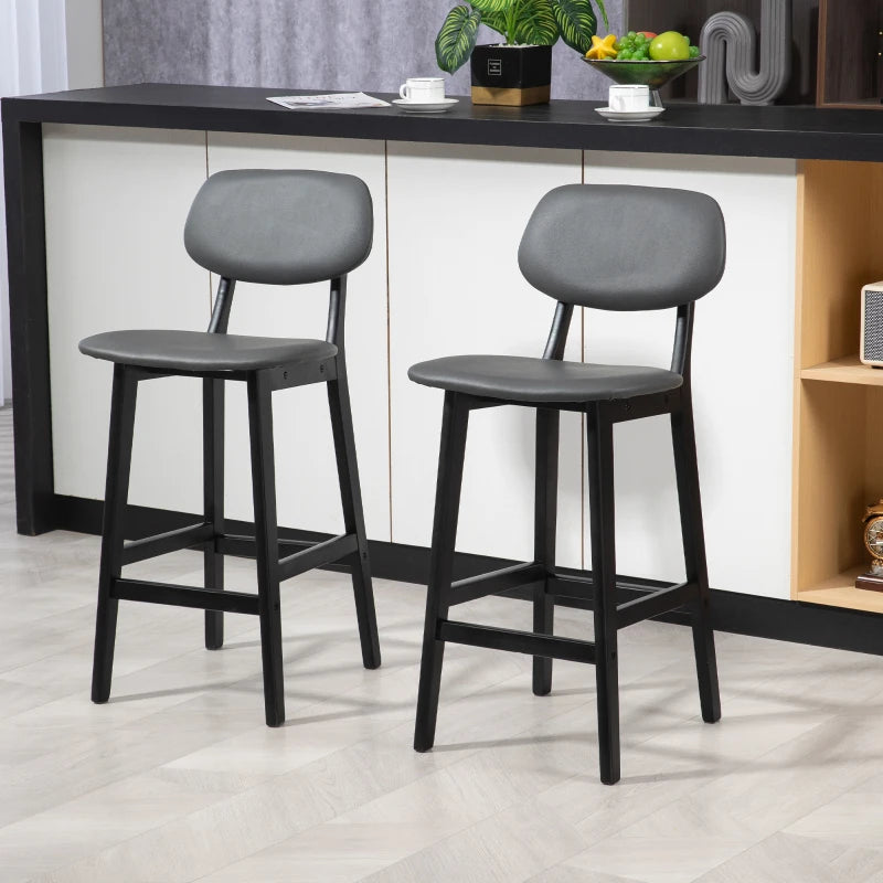 Dark Grey Faux Leather Bar Stools Set of 2 with Backs and Wooden Legs