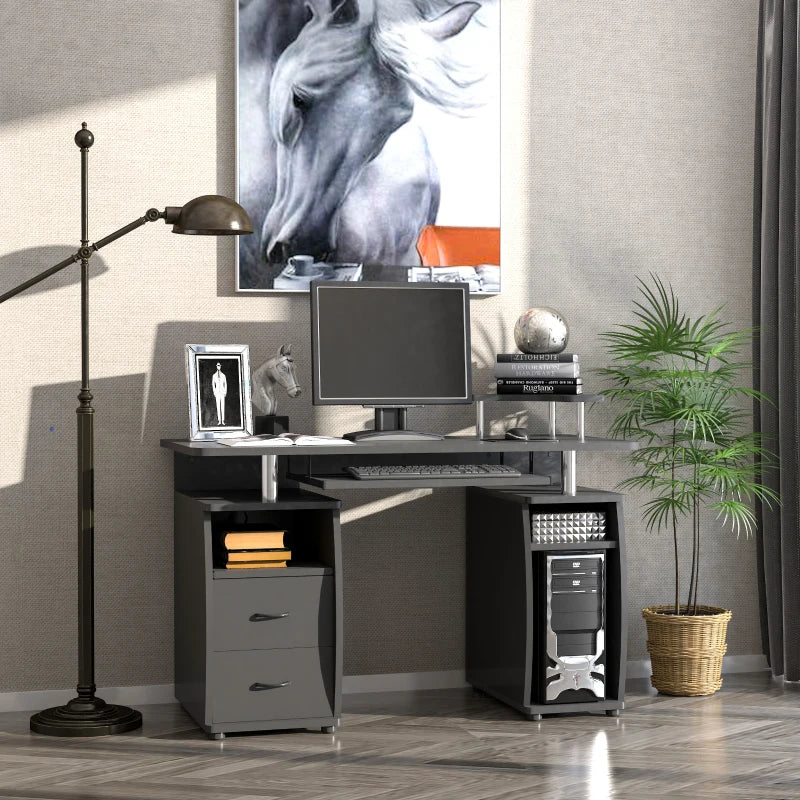 Black Computer Desk with Keyboard Tray and Drawers