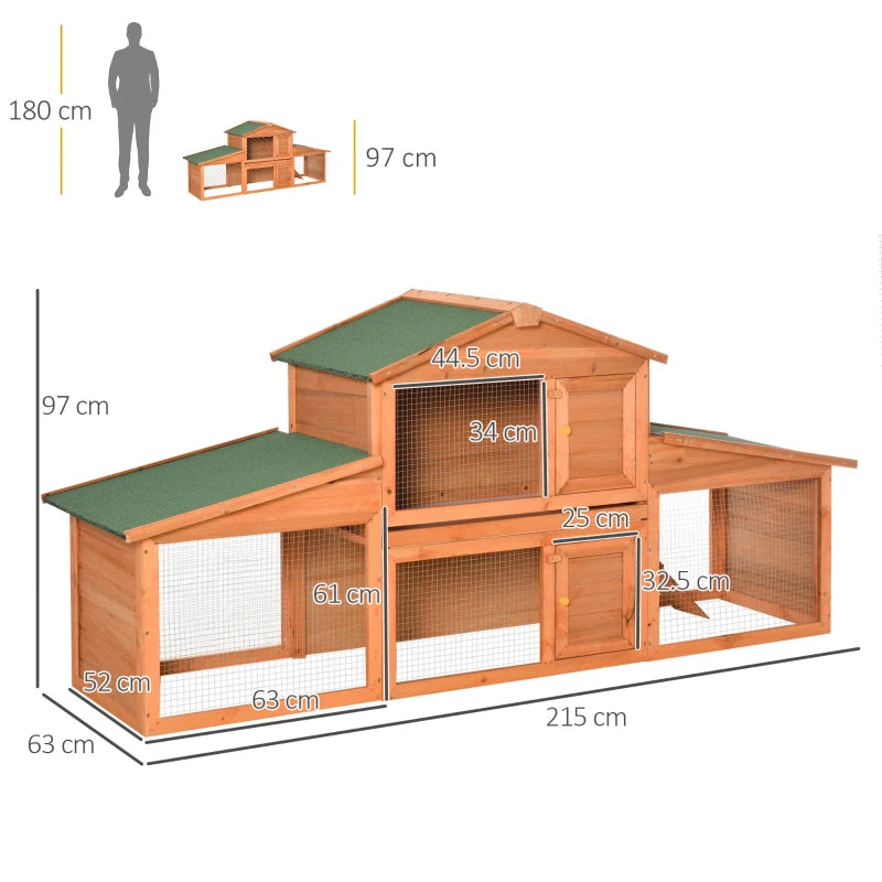 Wooden Outdoor Rabbit Hutch with Run, Large, 215 x 63 x 97 cm, Brown