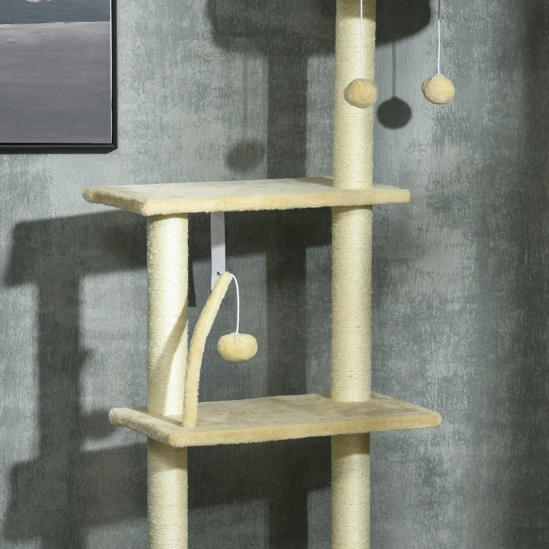 Beige 6-Tier Floor to Ceiling Cat Tree with Scratching Post and Hammock