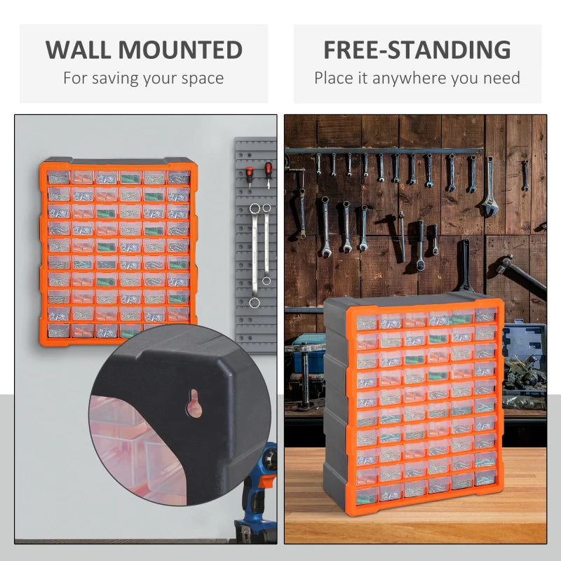 60-Drawer Clear Orange Wall Mount Parts Organizer