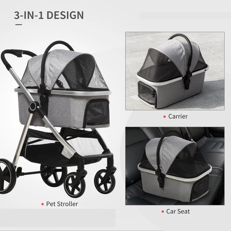 Foldable 3-in-1 Pet Stroller with Car Seat - Grey