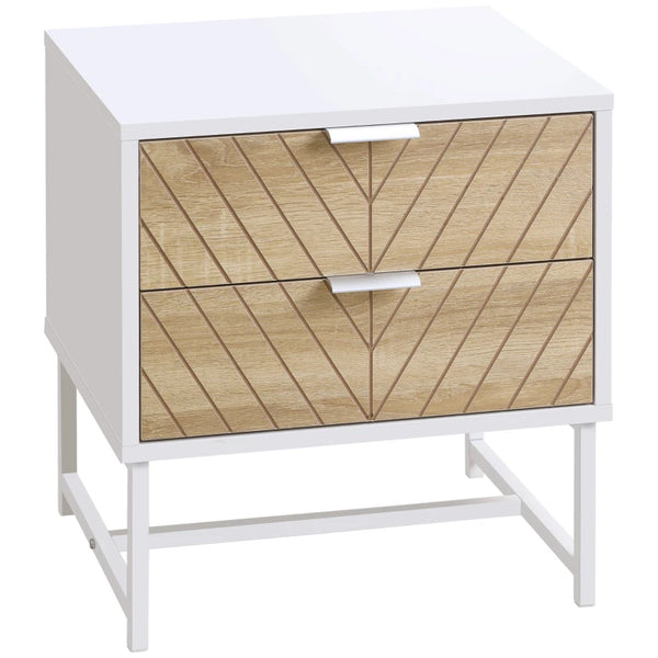 Modern White and Oak 2-Drawer Bedside Table with Metal Frame