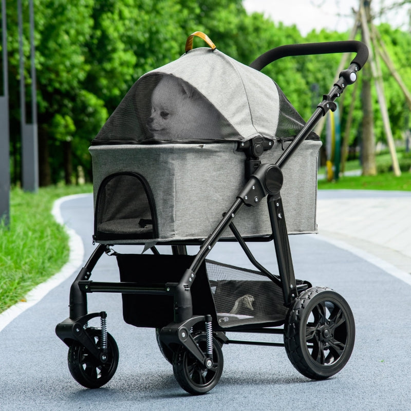 Grey Pet Stroller for Small Dogs and Cats with Detachable Carrier Bag