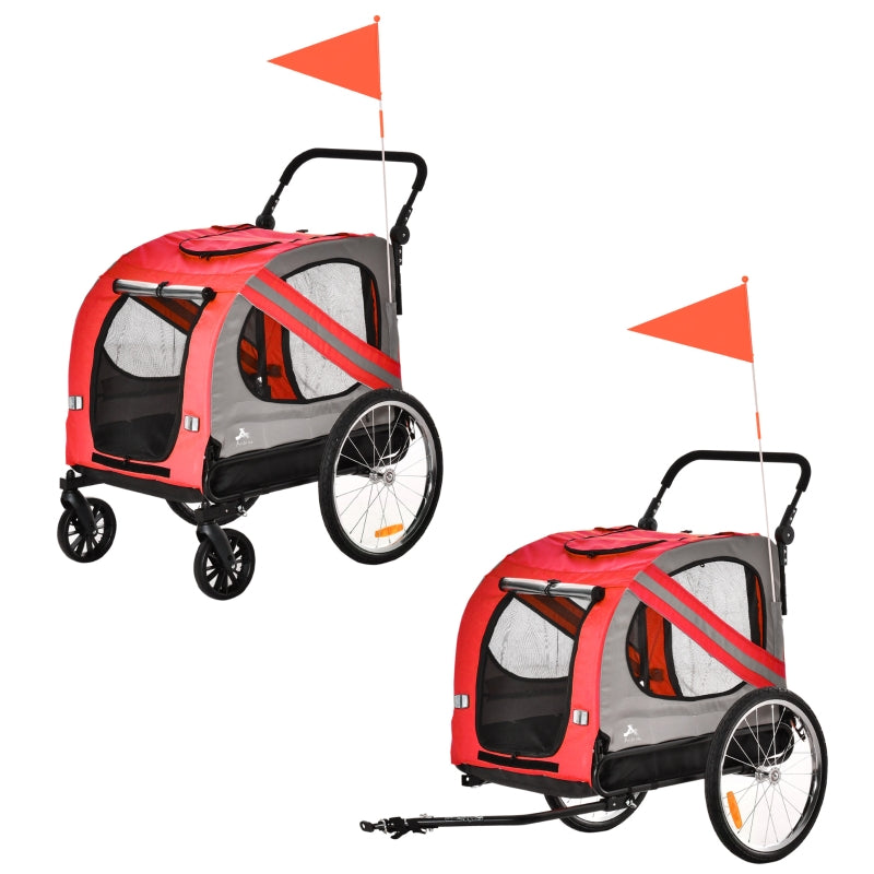 Red 2-In-1 Dog Bike Trailer Pet Stroller with Reflective Flag