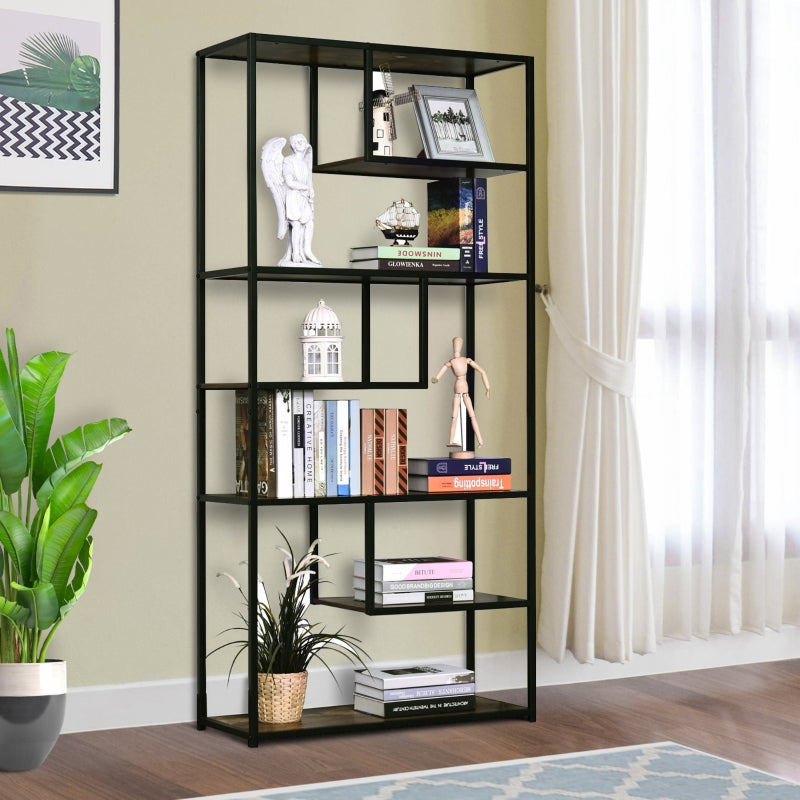 Industrial 6-Tier Tall Bookcase, Steel Frame, Rustic Brown/Black, 82x33.5x175cm