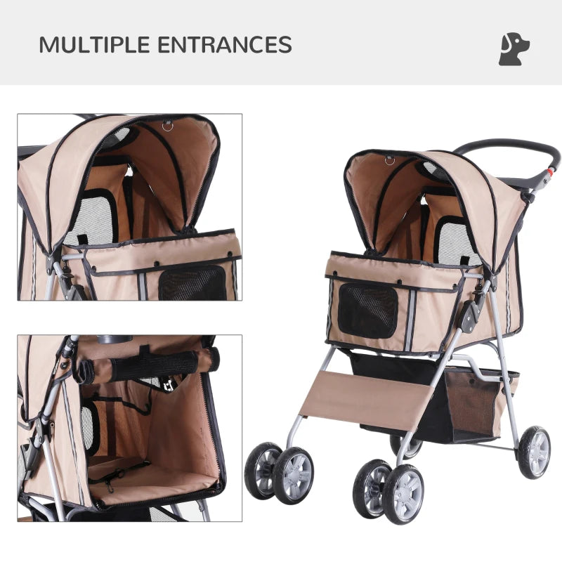 Brown Pet Stroller for Small Pets with Zipper Entry and Storage