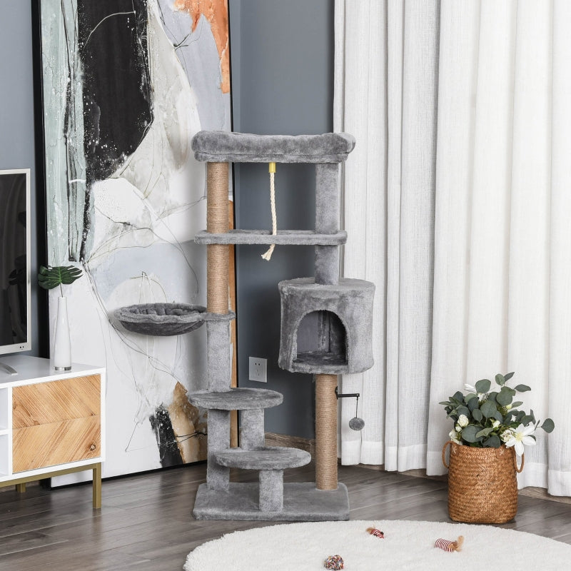 Cat Climbing Tree Tower 120cm with Scratching Post and Hammock - Light Grey