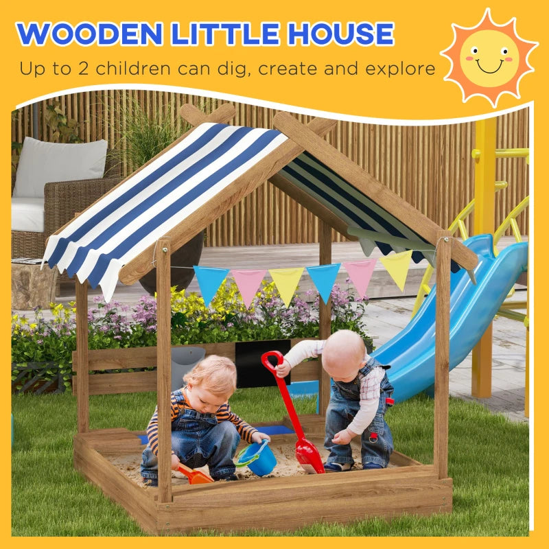 Brown Wooden Sandbox with Blackboard and Toys for Ages 3-7