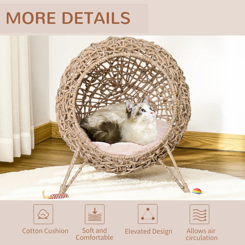 Rattan Cat Bed with Tripod Legs & Cushion - Natural Wood