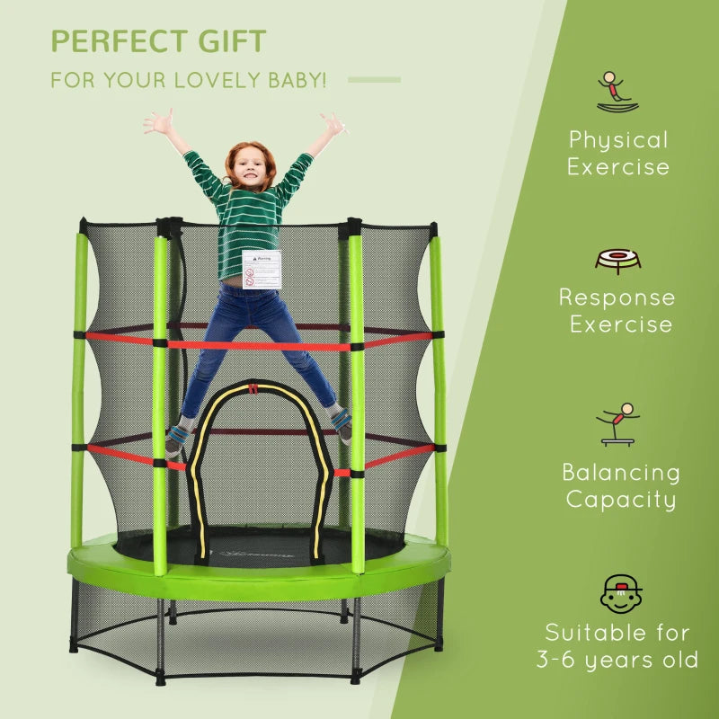 Green Kids Trampoline with Enclosure Net - 5.2FT Indoor Bouncer for Ages 3-6