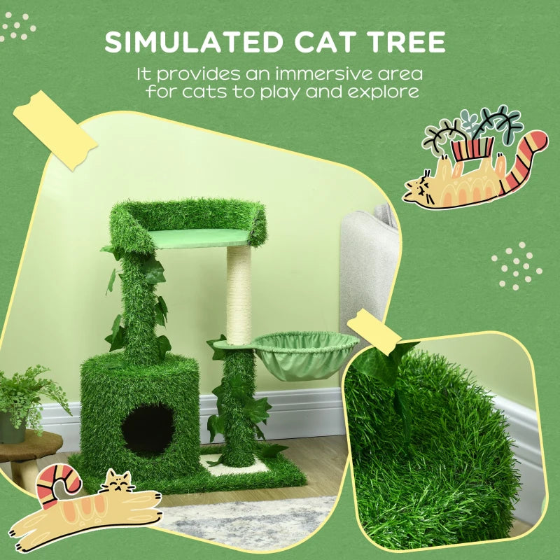 Green Cat Tree with Leaves, Scratching Posts, Hammock - 77cm