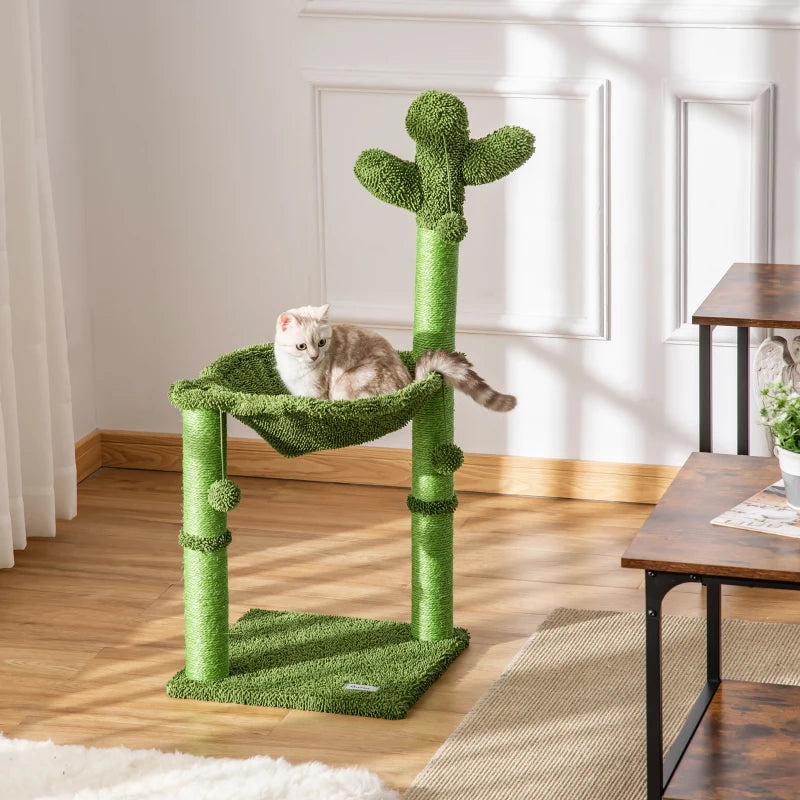 Cat Cactus Tower with Scratching Post, Hammock, Bed & Toy - Green