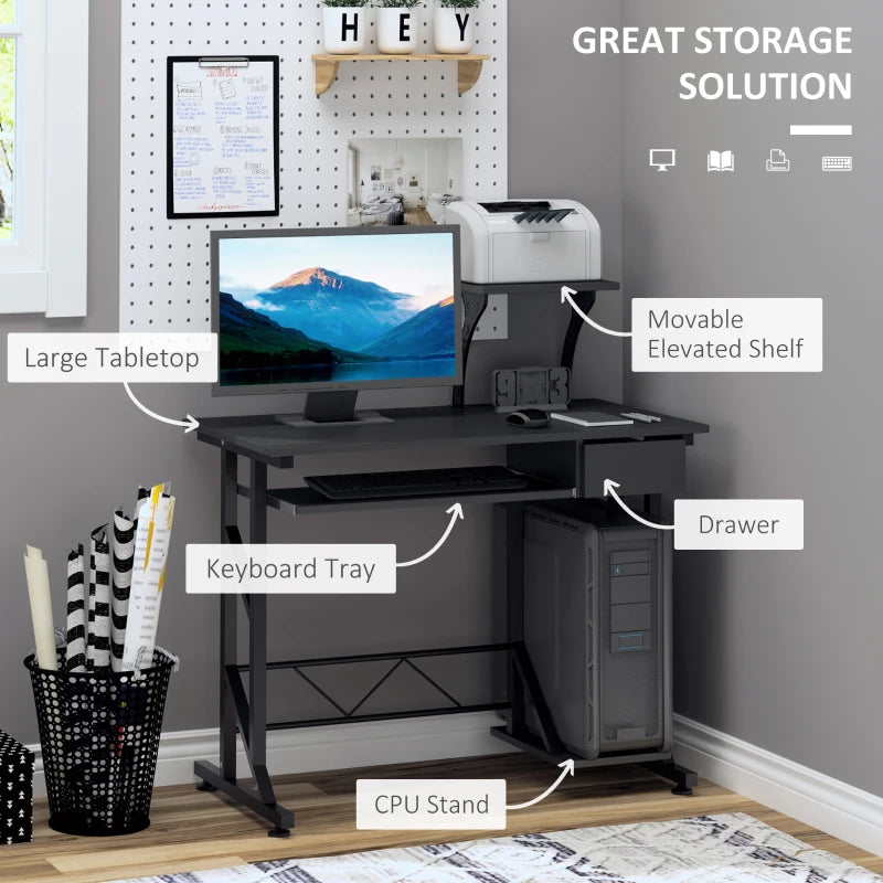 Black Computer Desk with Display Stand and Sliding Keyboard Tray