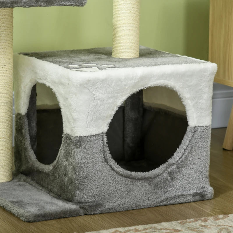 Grey Cat Tree with Scratching Posts, House, Perches & Toy Mouse