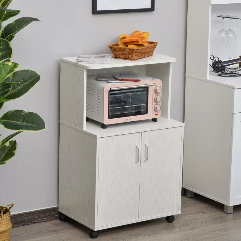 White Kitchen Microwave Cart with Cabinet and Locking Wheels