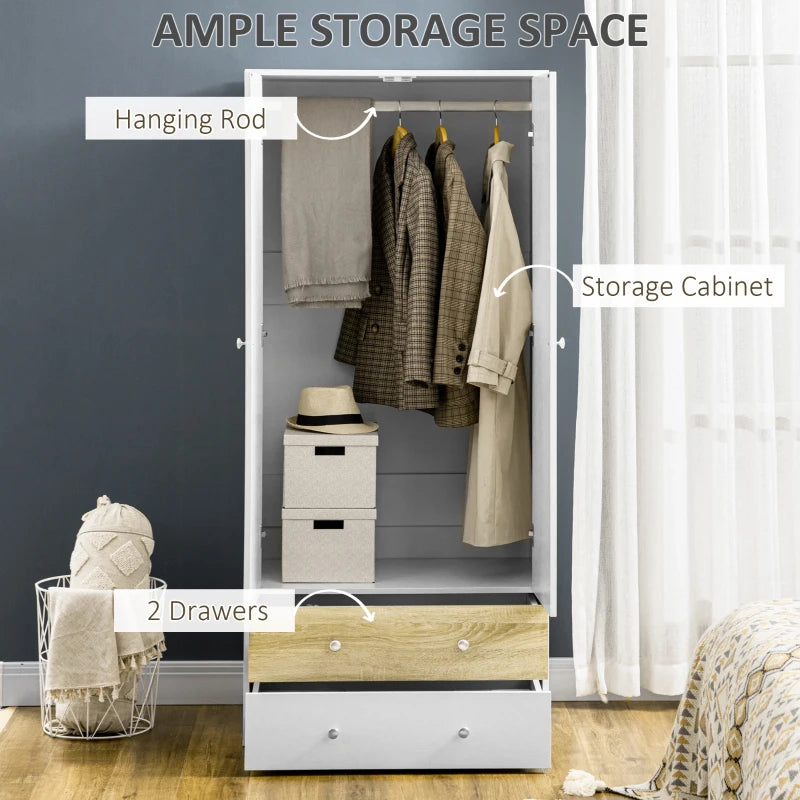 White 2-Door Wardrobe with Drawers and Hanging Rod for Bedroom Storage
