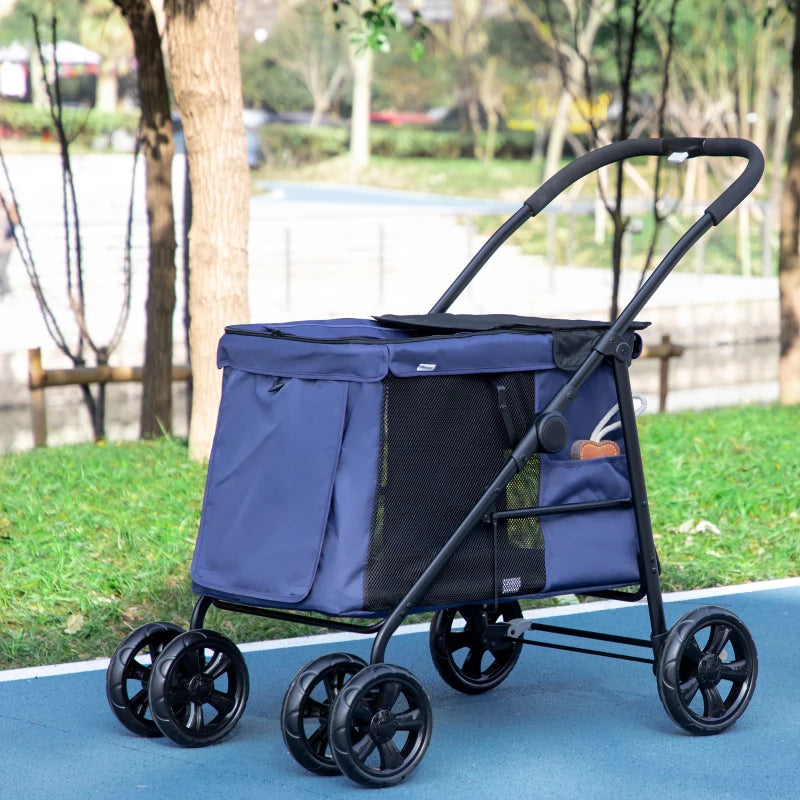 Foldable Pet Stroller with Cushion and Storage Bags, Dark Blue