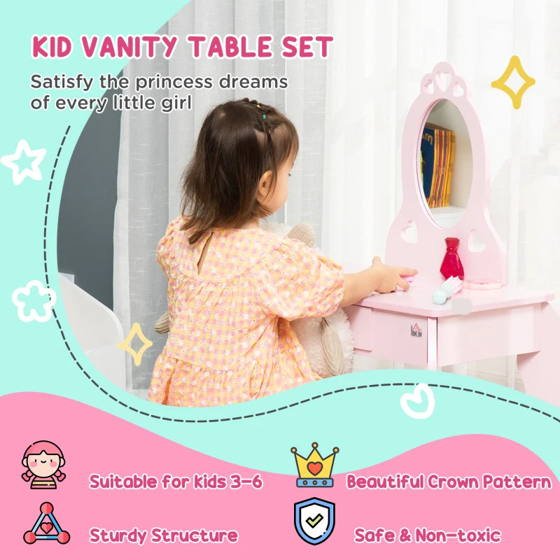 Kids Pink Vanity Table & Stool Set with Mirror - Dressing Play Desk