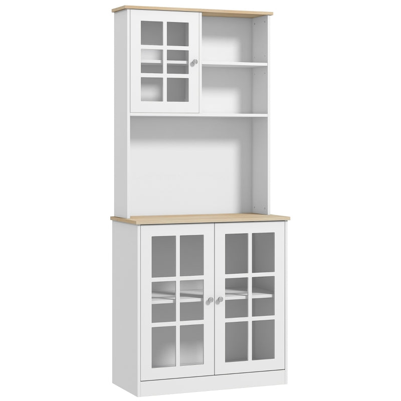 White Freestanding Kitchen Storage Cabinet with Adjustable Shelves and Glass Doors