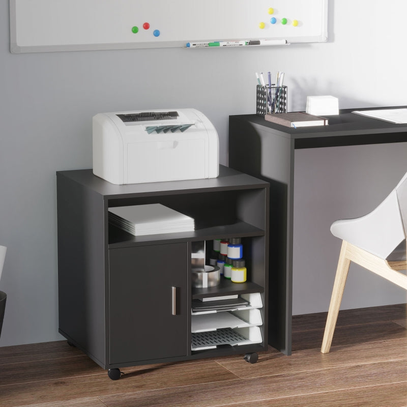 Black Mobile Printer Stand with Storage and Wheels - Modern Office Desk Unit