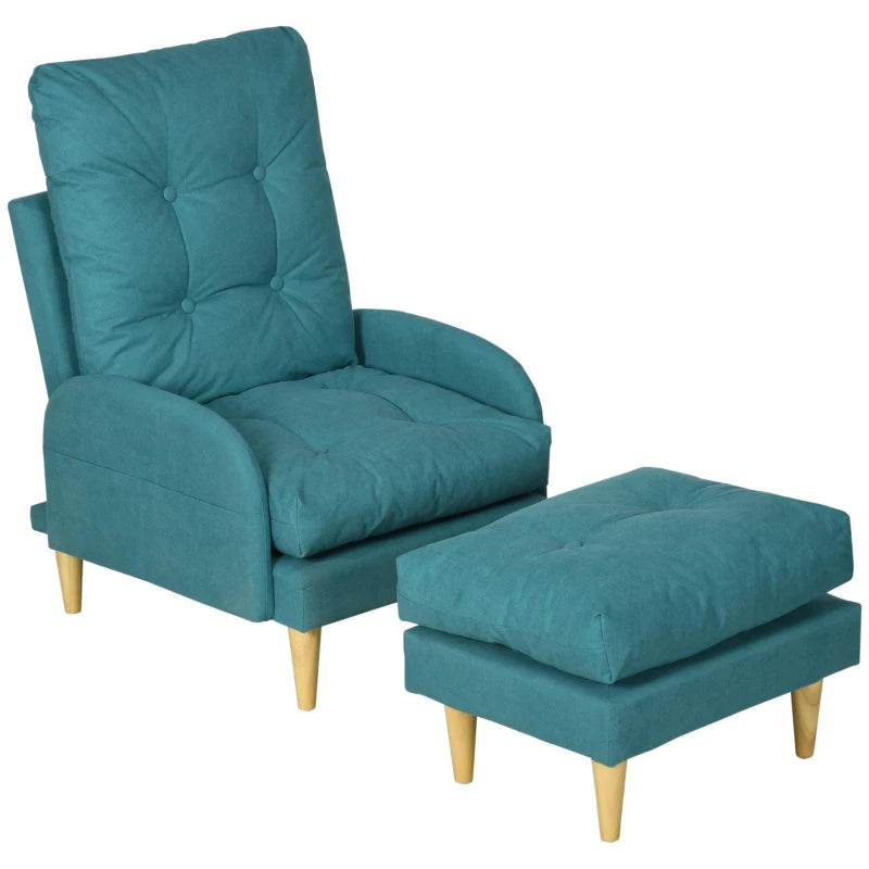 Blue Upholstered Recliner Armchair Set with Footstool - Modern Button Tufted Accent Chair