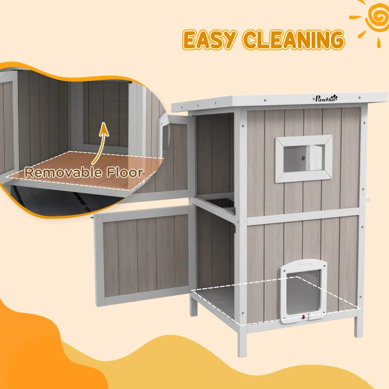 Wooden 2-Tier Cat Shelter with Escape Doors & Asphalt Roof - Light Grey