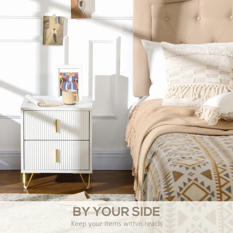 White 2-Drawer Metal Frame Bedside Table With Gold Legs