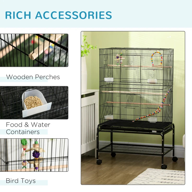 Black Steel Budgie Cage with Stand & Toys - 133cm High