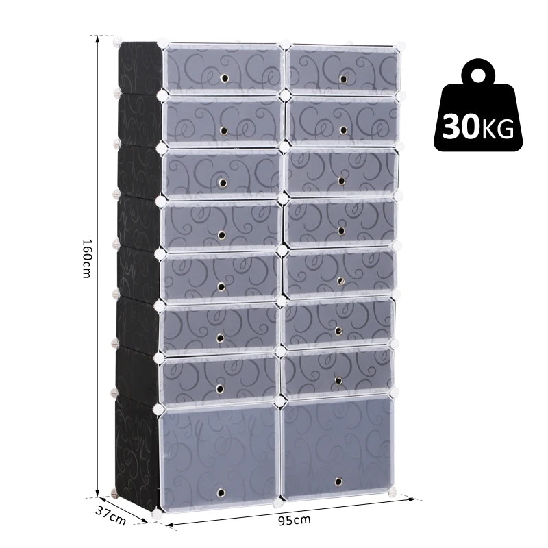 Modular 16-Cube Shoe Rack, 2 x 8 Tier Storage Cabinet, White & Black