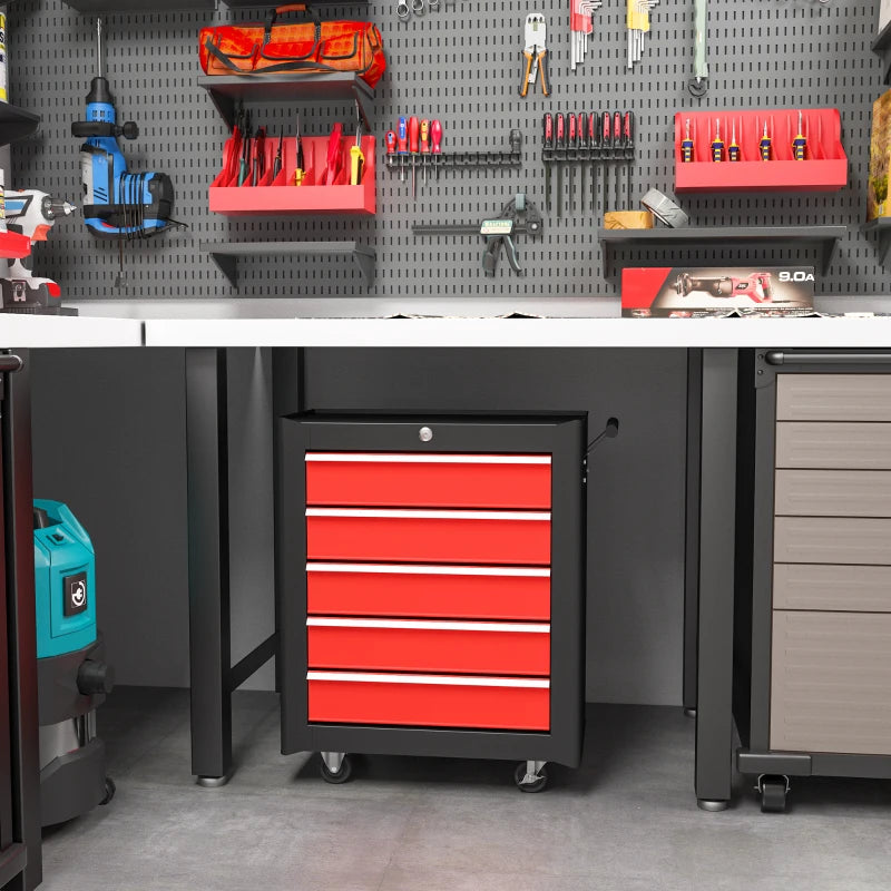 Red 5-Drawer Steel Tool Chest with Wheels and Lockable Cabinet