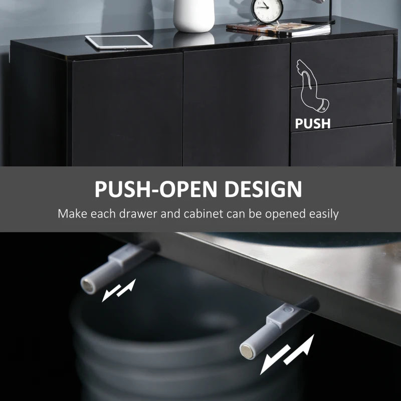 Black High Gloss Sideboard with Push-Open Design and 2 Drawers