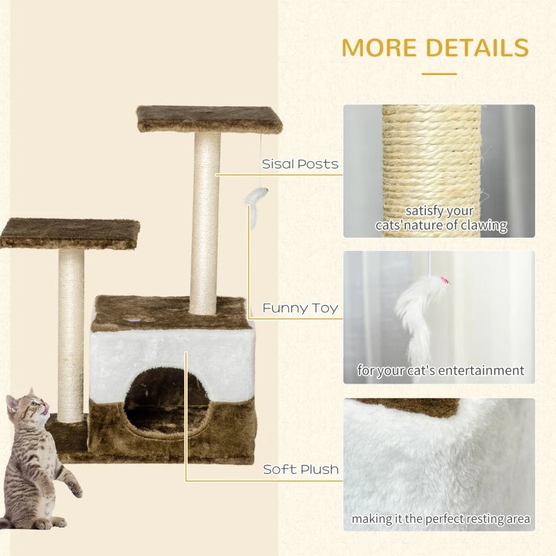 Brown Cat Tree Tower with Scratching Posts and Interactive Toy, 45 x 33 x 70 cm