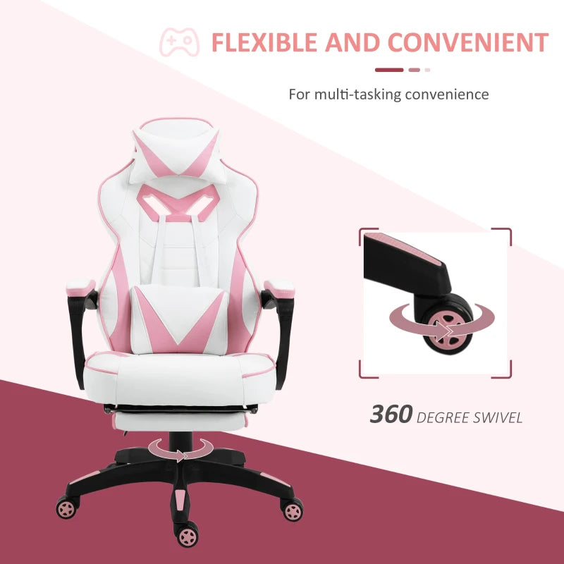 Pink Gaming Chair with Lumbar Support, Footrest, and Headrest