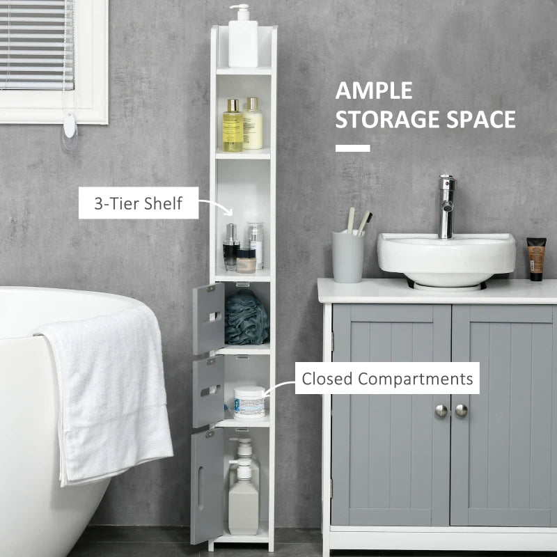 Grey Tall Bathroom Storage Cabinet with Open Shelves and Cupboards