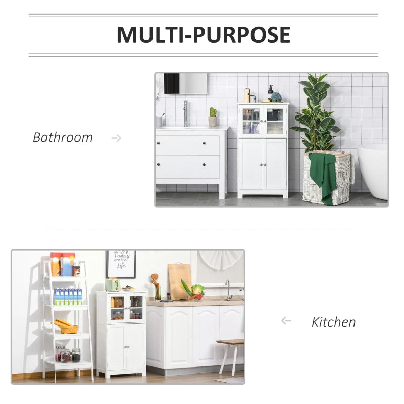 White Bathroom Storage Cabinet with Glass Doors & Adjustable Shelf