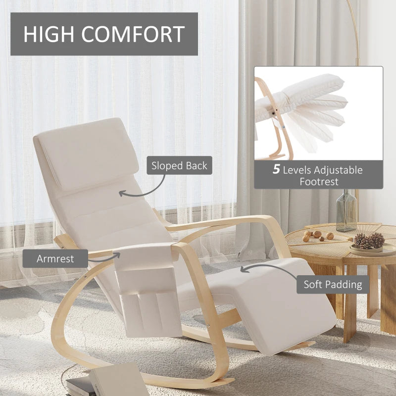 Adjustable Rocking Lounge Chair with Footrest and Pocket - Cream White