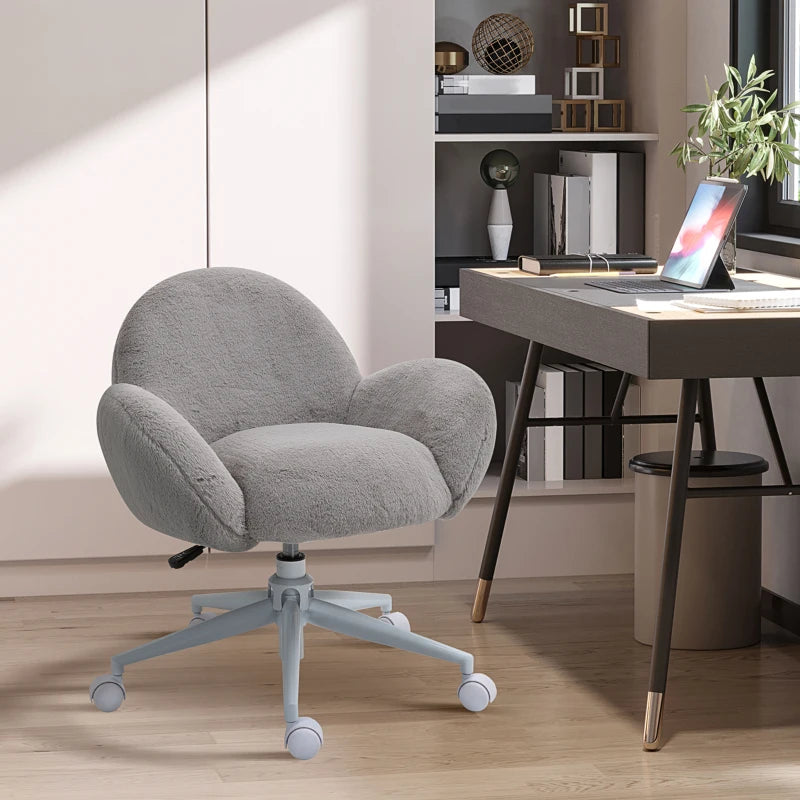 Grey Fluffy Rolling Desk Chair for Home Office or Bedroom