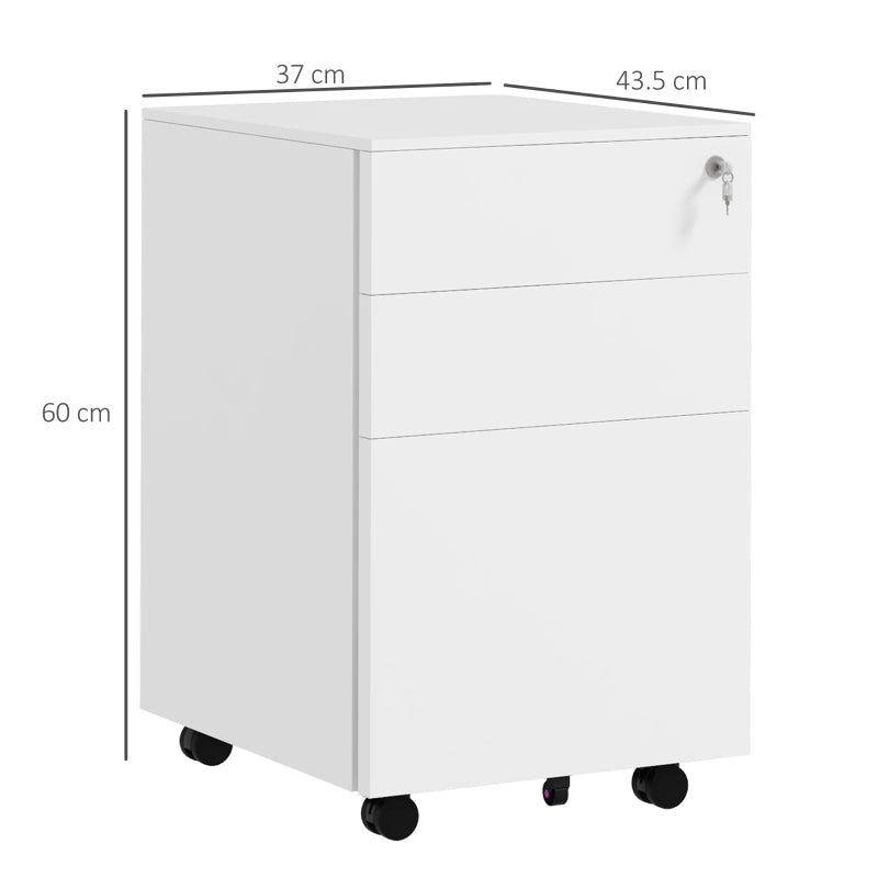 White 3-Drawer Steel Filing Cabinet with Lock and Wheels